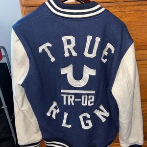 True Religion Navy and White Varsity Jacket